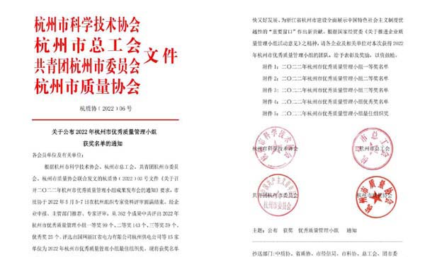 喜報！杭叉集團七個QC成果榮獲杭州市優(yōu)秀質(zhì)量管理小組獎